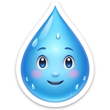 Emoji of a water droplet with a fresh, good-tasting feeling, clean and shiny, subtle sparkles or freshness lines, friendly and positive look. Simple emoji style, smooth shapes, bright blue color, transparent background. Suitable for messaging apps| sticker