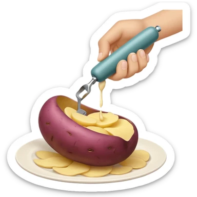 hand peeling a potato with a small kitchen peeler, potato skin curling off, simple white background, realistic textures, clean and bright, fun expressive design



 sticker
