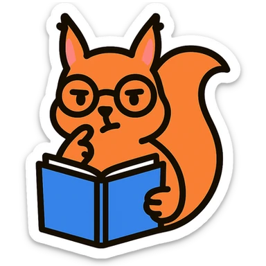 a squirrel with glasses, reading a book and looking thoughtful, modern flat icon style sticker
