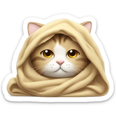 tired cute cat with blanket wrapped around head  sticker