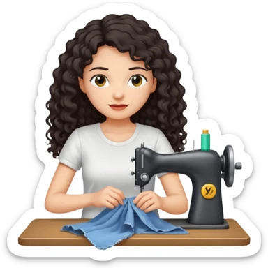 a woman with long curly dark hair sewing clothes wearing a white t shirt sticker