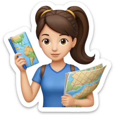 tourist brunette woman with ponytail holding map sticker