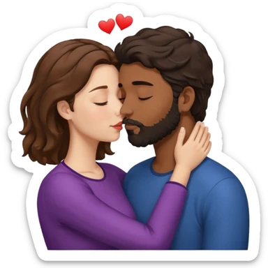 White woman (brown hair with eyes closed) kissing the top of the head (forehead) of brown man with black wavy hair (has a a beard with his eyes closed too) sticker