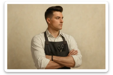 shu pozada turgan faqat o'ng tarafga qarab turgan sartarosh ustani tasvirlab ber realistik uslubda yoshi kattaroq soqol shart emas sticker