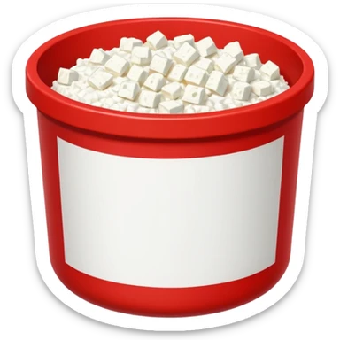 Pixel art Cottagecheese in big chunks in a small red container with one white stripe at top and bottom sticker
