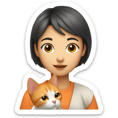 An asian girl with short hair holding an orange cat sticker