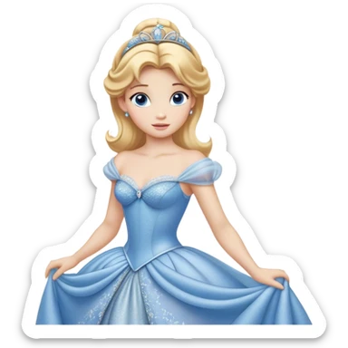 Cinematic Realistic Cute Cinderella Portrait, featuring fair, luminous skin with finely detailed texture and softly lit golden-blonde hair cascading in gentle waves. Her warm, inviting blue eyes sparkle with youthful charm and curiosity, while her classic, elegantly draped ball gown reveals meticulously rendered fabric details and natural folds. The overall composition is bathed in a gentle, realistic radiance that exudes both playfulness and heartfelt beauty. sticker
