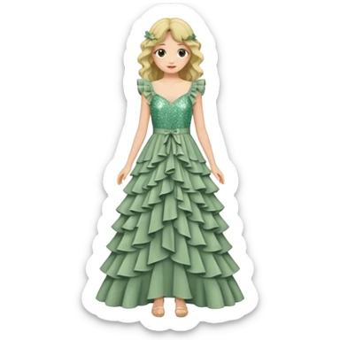 Create a simple Sage green long dress with ruffles and sequin sticker