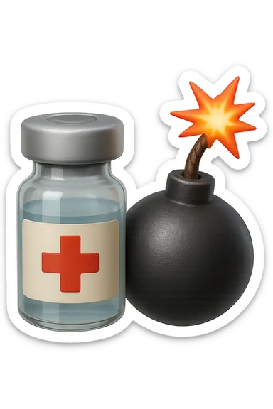 emoji stile iphone 3d di una fiala medica con una bomba vicino, fluttuano in aria insieme, FALLO MOLTO REALISTICO IN 3D sticker