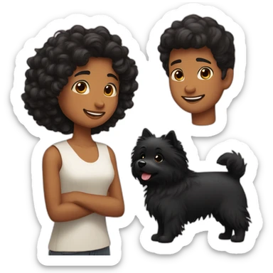 a little Men with Long curly black hair;a girl with short brown hair; and black spitz dog sticker