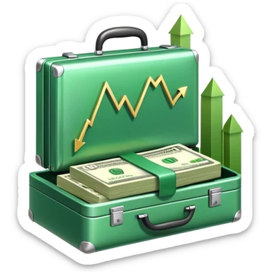 An icon showing a briefcase, a stack of money, and a graph with upward growth, representing business and entrepreneurship. The design highlights innovation, investment, and success in the world of startups and corporate ventures. Transparent background emphasizes the dynamic nature of business. sticker