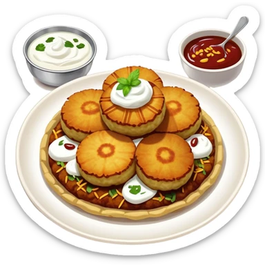 Aloo Tikki Chaat, Indian street food with potato patties, yogurt, and chutneys sticker