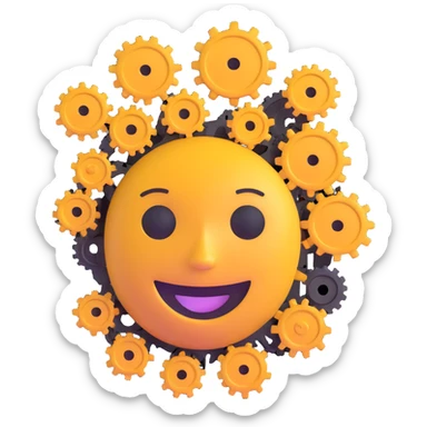 smiling face with gears and circuits inside the head, showing AI intelligence sticker