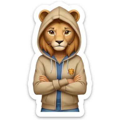 determined anthropomorphised female lion in a hoodie and jeans with arms folded, energetic pose sticker