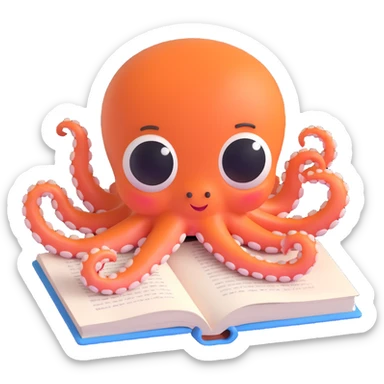female octopus studying, 3D cartoon style sticker