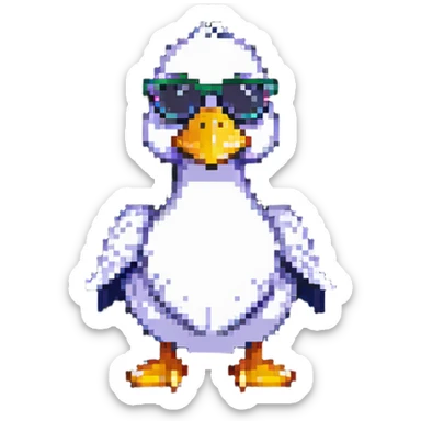 pixel art style duck inspired by the DuckDice logo, wearing sunglasses, playful pose sticker