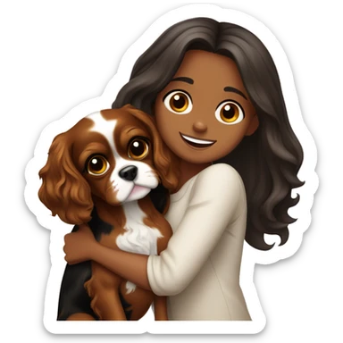 cute girl hugging two black and brown cavalier king charles spaniel  sticker