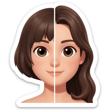 girl face, split down the middle, left side short hair, right side long hair, clear contrast, clean background, bright colors sticker