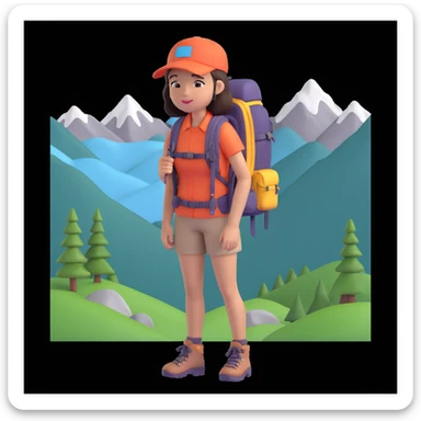 portrait of girl back packing mountains in background, close up pose sticker