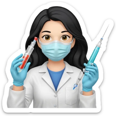 laboratorista con guantes  y mascarilla jeringa tubos  pelo negro largo triguella sticker