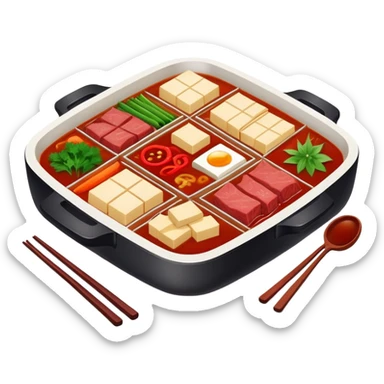 Chongqing Nine-grid Hot Pot with divided sections and spicy red broth, simplified emoji style with bold outlines and bright colors, cartoon style square Jiugongge Huoguo sticker