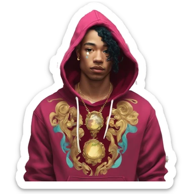 Vintage painting swirls gold jewellery baroque raven wings angel tropical Deep pink maroon burgundy cyan dark hoodie man vitiligo dyed hair gold piercings nose piercing ear piercings sticker