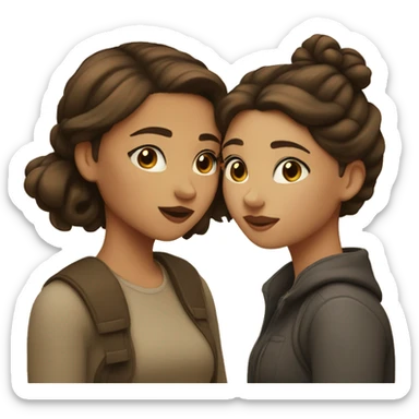 two girls are kissing, one of them has light skin and dark brown hair in a bun, the other has light skin and brown loose hair sticker