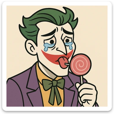 joker, teary-eyed, holding a lollipop in his mouth, playful yet emotional sticker