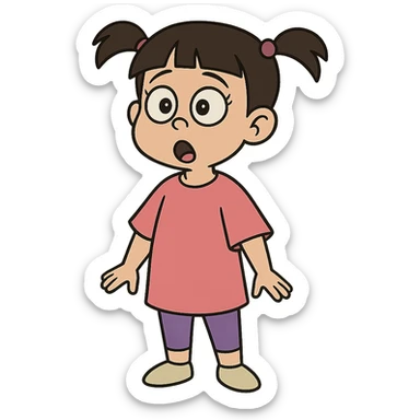 Boo from Monsters Inc, surprised expression, pigtails, pink t-shirt, purple leggings, cartoon style matching confident Mike Wazowski and Sulley sticker