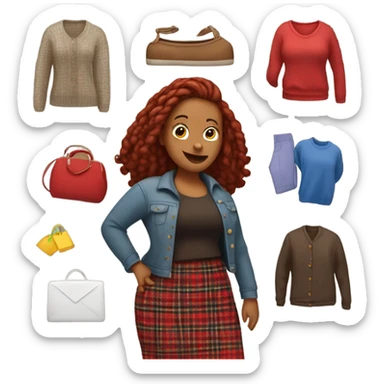 Very curvy woman is brown with red locs in a skirt with plaid sweater shopping at yard sale sticker