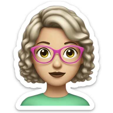 White Girl with pink glasses, green eyes, dark brown curly bob and fringe sticker
