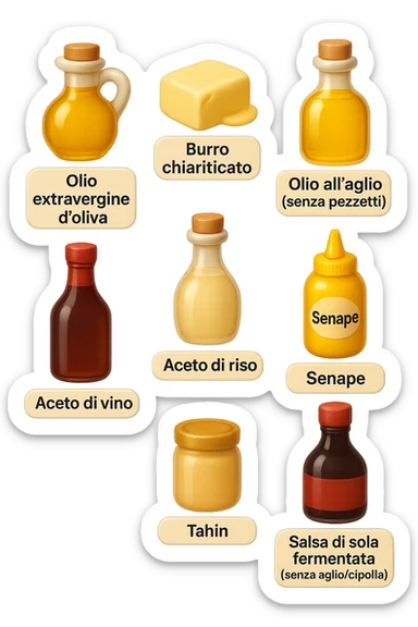 emoji stile iphone 3d di questi elementi che fluttuano in aria sparsi casualmente:

Olio extravergine d’oliva, burro chiarificato
Olio all’aglio (senza pezzetti)
Aceto di vino, aceto di riso, senape, tahin
Salsa di soia fermentata (senza aglio/cipolla)


 che fluttuano sparse casualmente in aria, le etichette dei prodotti scrivile in italiano, iperealistico 4k sticker