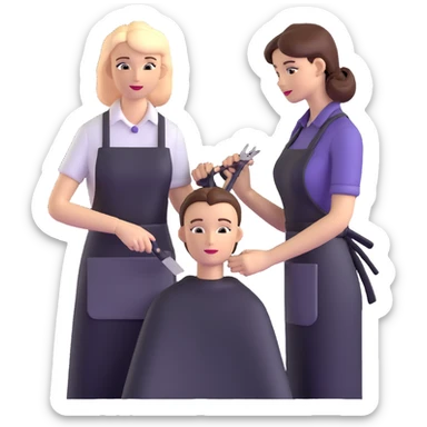 professional hairdresser in salon apron instructing student with mannequin sticker