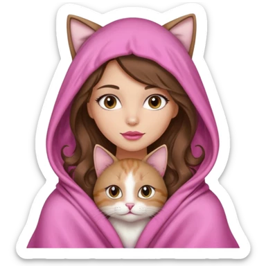 girl with long wavy brown hair, brown eyes, long lashes makeup, sexy pink lips, light to medium complexion, wearing a pink sexy silk top, big blanket over the head cozy holding a cat, no cat earn on the hood sticker