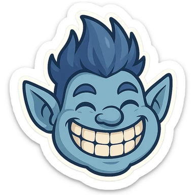 blue troll face, cartoon style, exaggerated grin sticker