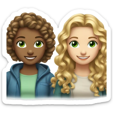 two girl hanging out, one with curly blonde hair and blue eyes and the other one with long brown hair and green eyes, both smiling sticker