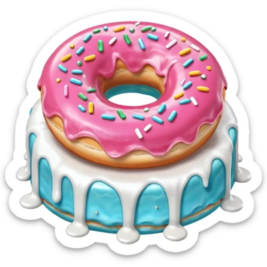 Pink donut with excessive amounts of white icing running down and through the hole of the donut, a waterfall of white icing. sticker