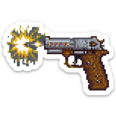 Pixel art pistol firing with muzzle flash sticker