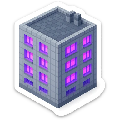 Russian panel apartment building, square block shape, light gray concrete, windows glowing with ultraviolet color, isometric view sticker