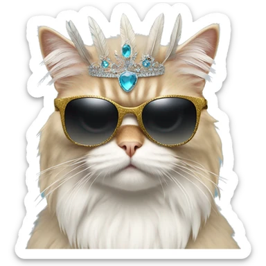 Persian cat wearing sunglasses and a tiara riding a velociraptor with feathers sticker