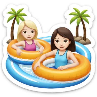 dark brown haired girl pale skin and blonde haired girl on the lazy river water slide 2 different circle floaties  sticker