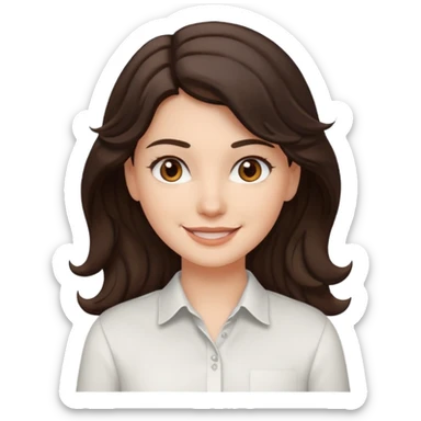A White girl with wavy and dark hair, light brown eyes and a white shirt smiling sticker