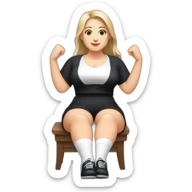Front view full body curvy caucasian beauty sitting straight hands up black skirt white knickers white socks sticker