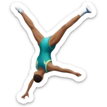 An athletic person soaring high above a trampoline, executing an acrobatic flip with perfect form. The scene captures motion and energy, with a dynamic pose, stretched limbs, and a focused expression. The background suggests a professional trampoline arena with safety padding. sticker