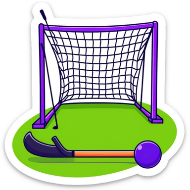 field hockey stick and ball on vibrant green grass field with goalposts sticker