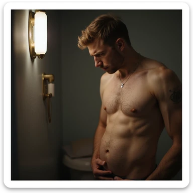 realistic 4K photographic style man in front of a mirror observing his belly with a worried look sticker