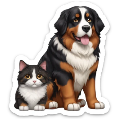 A Bernese dog next to A tortoiseshell cat without white sticker