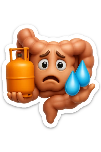 EMOJI STILE IPHONE DI un'intestino preoccupato che ha una bombola di gas in mano e due gocce di acqua in 3d nell'altra mano, IPERREALISTICO 4K sticker