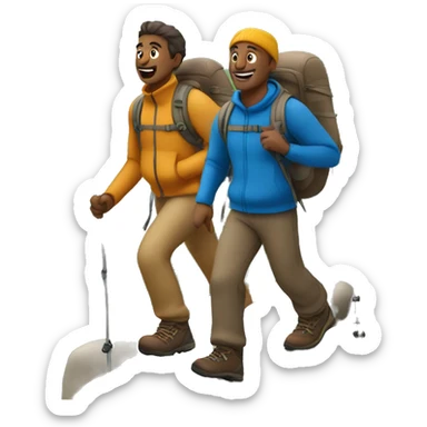 3 light brown men hiking up a mountain wearing different coloured clothing sticker