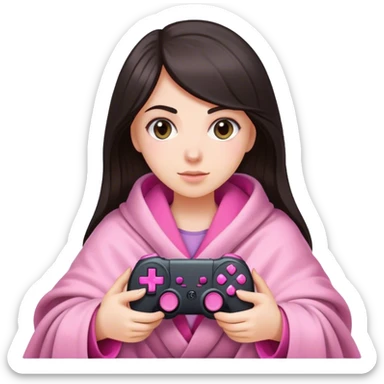 White girl with dark hair wrapped up in a blanket with a pink gaming controller in her hands sticker